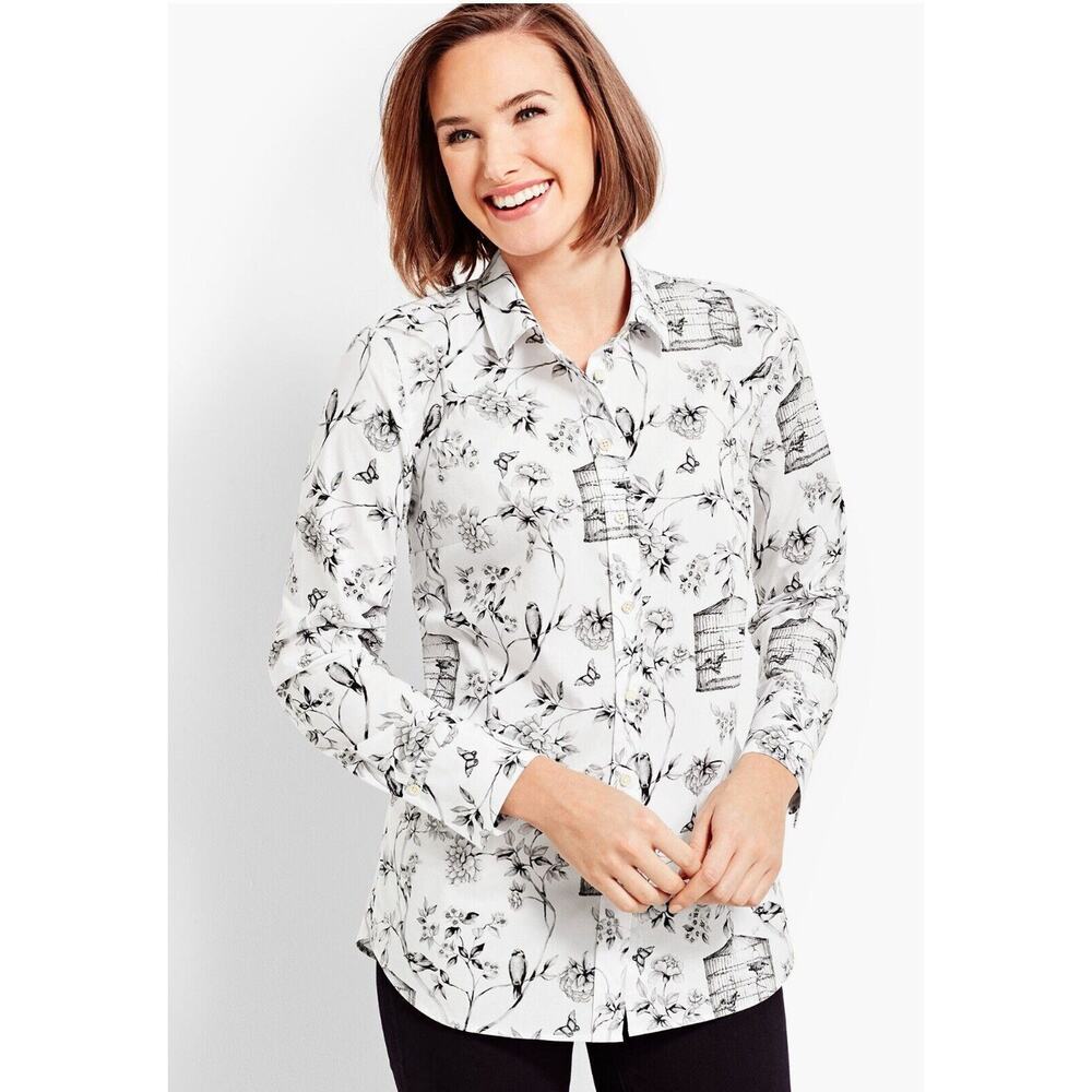Womens Talbots White Black Birdcage Floral Wallpaper‎ Dress Shirt Size 1X Petite
